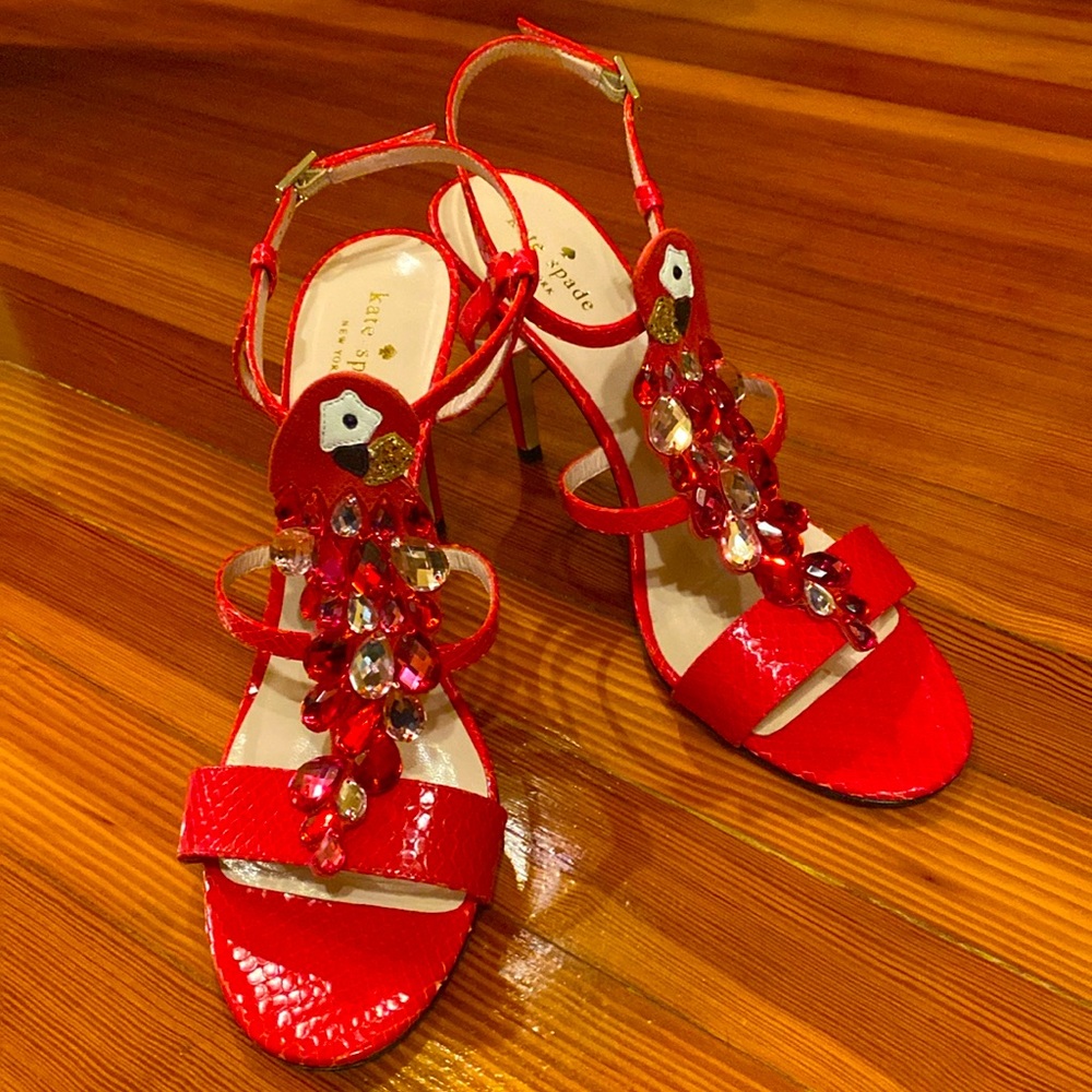Kate Spade Idalou Stiletto Heels 10 B Red Pink Bejeweled Glitter Parrot Strappy